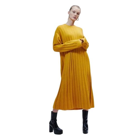 H&M Women's Ochre Oversized Stretch Wool Blend Ribbed Midi Dress Sz Small Yellow - Picture 4 of 14